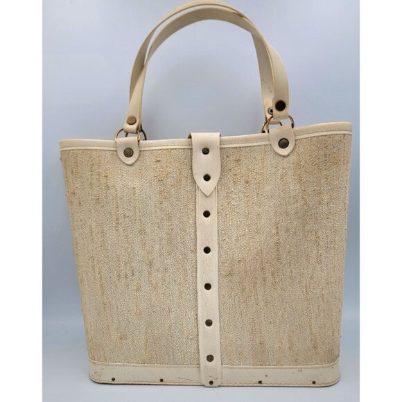 1960s Tote Bag Colins Jeweled Floral Beaded Design Button Closure Wood Bottom - Picture 7 of 16